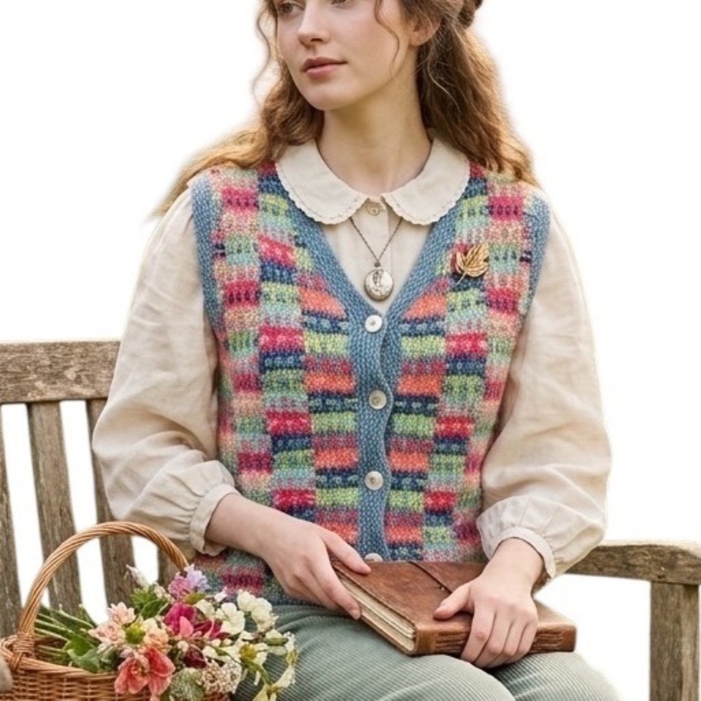 Susan Bristol Vintage Y2K Multi Color Patchwork Knit Sweater Vest Womens Small - Picture 1 of 11